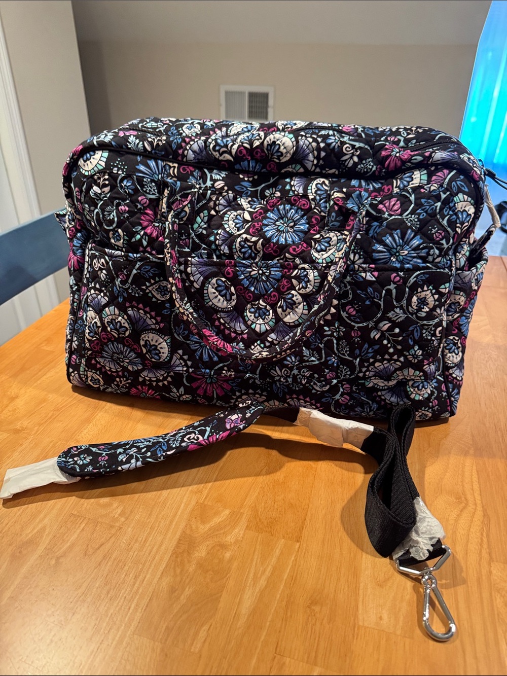 Vera Bradley Black Quilted Floral Travel Bag with Pink & Blue Accents